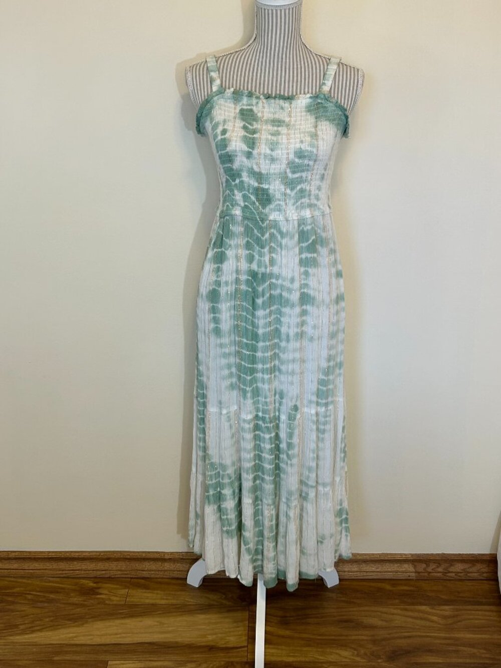 Japna Maxi Sun Dress White and Green with Gold Pinstriping Size S
